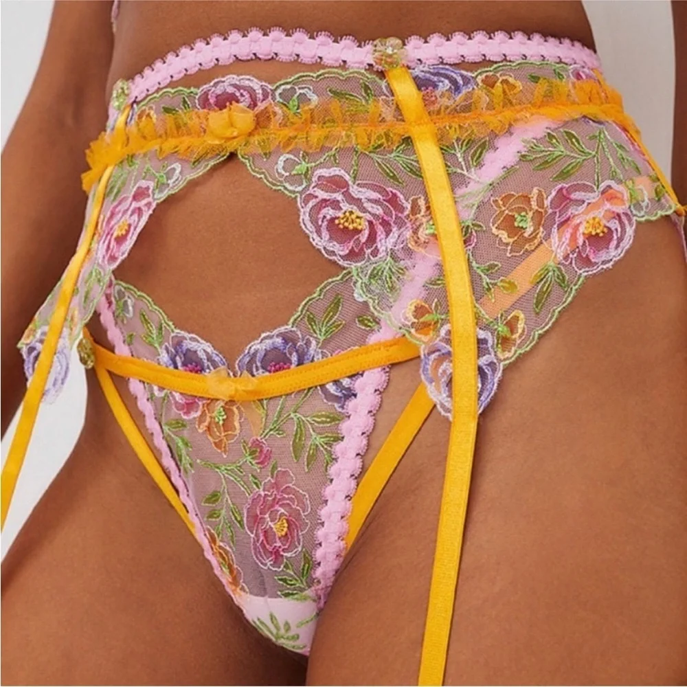New! For Love And Lemons sorbet rose Pink Yellow Floral Garter Belt 51341